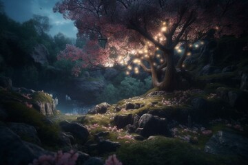 Landscape of enchanted forest with large blossom. Generative AI