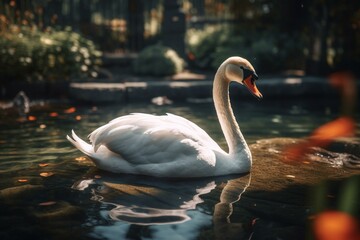A pretty swan swimming in a sunny pond amidst a charming garden. Generative AI