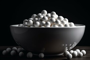 Stacked white balls in white foam bowl with black border. Generative AI