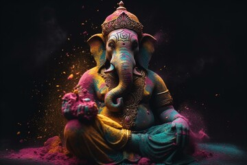 An illustration of the Hindu deity Ganesha surrounded by colorful Holi dust on a dark background. Generative AI - obrazy, fototapety, plakaty