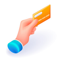 Isometric 3D icon hand of a businessman.Hand holds the credit card during the payment. Cartoon minimal style. Vector for website