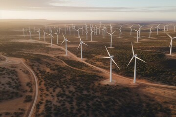 Bird's-eye perspective of an Australian wind farm. Generative AI