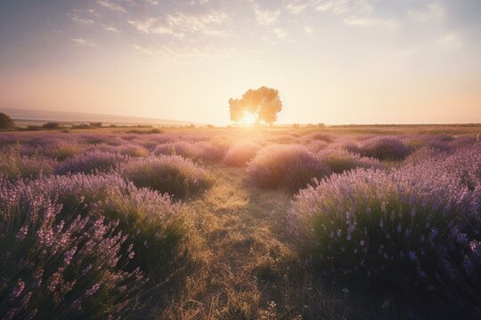 Stunning dawn over extensive lavender meadow. Generative AI