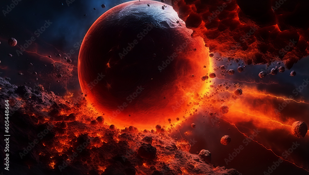 Wall mural particles fall on the surface of a fantastic planet. particle explosion, fiery lava. generative ai