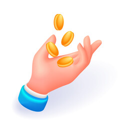 Isometric 3D icon hand of a businessman. Open palm catches gold coins. Cartoon minimal style. Vector for website