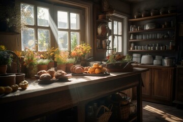 A cozy country-style cooking area filled with sunlight and fragrant blossoms. Generative AI