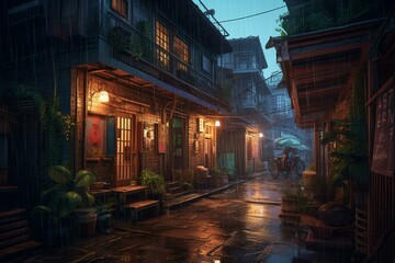 Colorful cartoon illustration of old city houses in night rain back alley. Generative AI