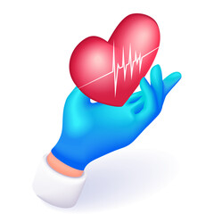 3D Isometric illustration. Medical heart rate icon. Doctor or cardiologist cartoon hand holding a heart with a graph line. Vector icons for website