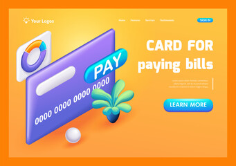 3D Isometric, cartoon. Purple credit card, online bill payment. Cartoon minimal style. Trending Landing Page