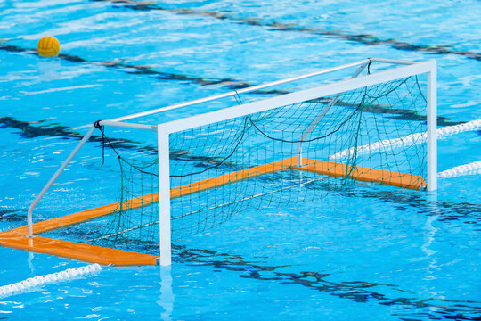 Water polo gates on water in the swimming pool. Horizontal sport theme poster, greeting cards, headers, website and app