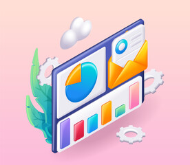 Trending 3D Isometric, cartoon illustration. New email with reports. Data analytics, dashboard and business finance report. Vector icons for website