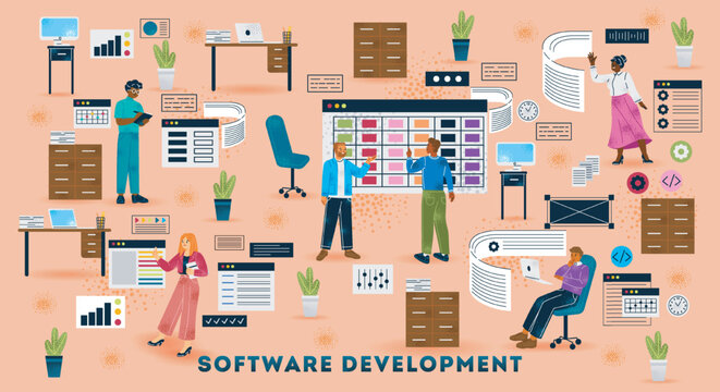 Software development and CMS architecture. Office workers and engineers coding and analyze data. Web programming, internet, business concept. Characters with gadgets. Cartoon flat vector illustration