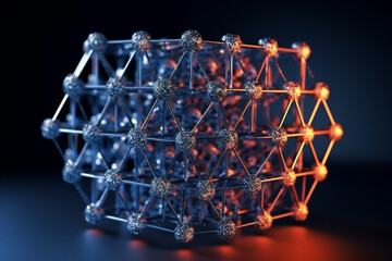 Physics and chemistry concept. Crystal lattice of a solid object. Scheme abstract visual glass model in cold and warm color contrast. Background with copy space. Generative AI