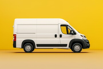Isolated white cargo van on solid yellow background. Side view. Generative AI