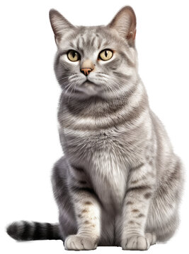 Close up of a sitting grey house cat isolated on white or transparent background as PNG, generative AI animal