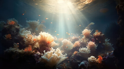 Fototapeta na wymiar Colorful coral reefs and other underwater plants are illuminated by the sun's rays breaking through the ocean water.