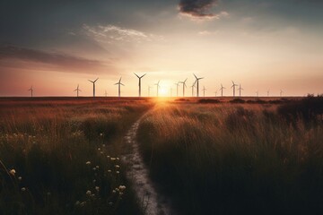 Wind turbines on a dusk field. Generative AI