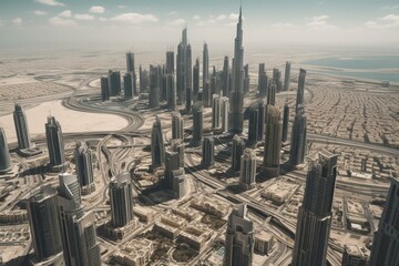 Fototapeta na wymiar Aerial view of downtown Dubai on a sunny day with skyscrapers in city centre. Generative AI