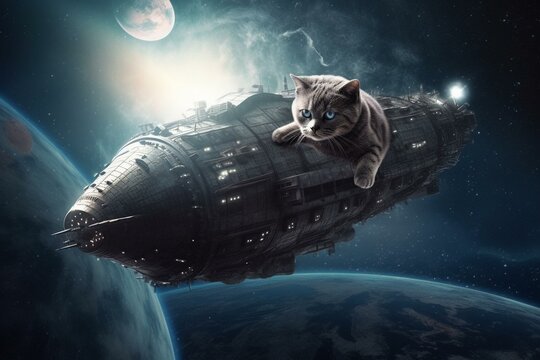 A gray cat spaceship travels through space in a child's drawing. Generative AI