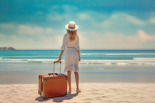 Traveling woman tourist with luggage during beach vacations created with Generative AI