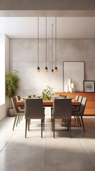 Fototapeta na wymiar modern and inviting dining space, with the full body dining table as the focal point. The background features a wall finished in a muted taupe tone