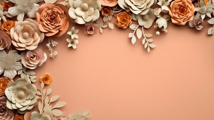 Exquisite 3D Paper Cut Flower Frame in Warm Colors on a Beige Background, space for copy