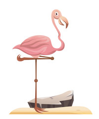 Flamingo savanna animal. Pink smiling bird with wings stands on one leg. Tropical feathered zoo character. Africa, exotic, wild life concept. Cartoon flat vector illustration on white background