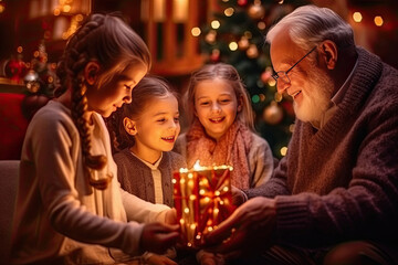 Smiling grandfather giving gift to cute happy granddaughters at Christmas Eve created with Generative AI, family holidays
