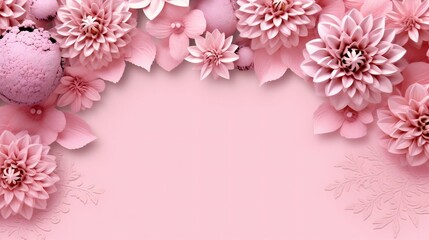 3D Pink Paper Cut Flower Frame on a Delicate Pink Background, space for copy