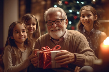 Obraz na płótnie Canvas Smiling grandfather giving gift to cute happy granddaughters at Christmas Eve created with Generative AI, family holidays