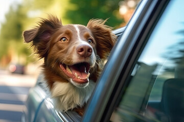 Portrait of funny dog in the car window during car travel made with Generative AI. Traveling with pets