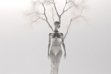 Nature and beauty concept. Beautiful and surreal woman body shape and tree silhouettes in white background with copy space. Generative AI