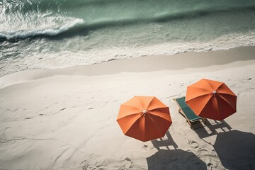 Aerial top view on the beach. Umbrellas, sand and sea waves,generative ai.