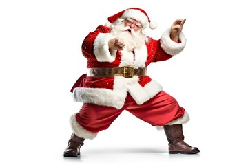 Isolated dancing cheerful funny xmas santa claus on a white background created with Generative AI - obrazy, fototapety, plakaty
