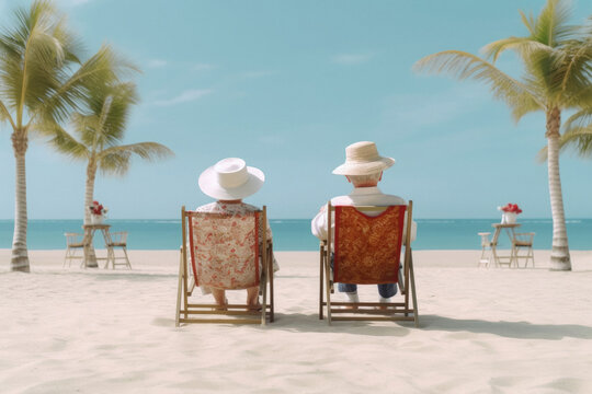 Retired traveling couple resting together on sun loungers during beach vacations on a tropical island created with Generative AI