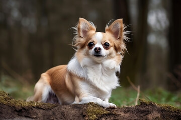 Naklejka na ściany i meble Chihuahua are a small breed of dog known for their energetic and playful nature, smiling portrait in park, generative ai 