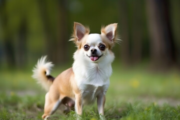 Fototapeta premium Chihuahua are a small breed of dog known for their energetic and playful nature, smiling portrait in park, generative ai 