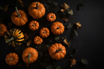 Naklejka na ściany i meble Minimal Halloween flat lay with pumpkins on black background. Generative AI