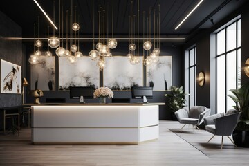 Contemporary reception area with white and black walls, beige desk, laptop, ample space, light grey floors and luxe golden accents. Generative AI