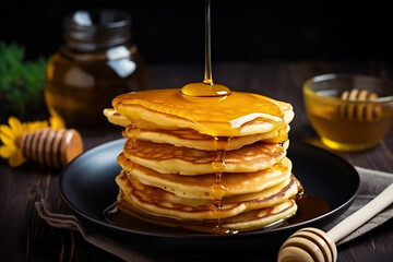 Delicious pancakes topped with honey. Perfect meal for the breakfast, generative ai 