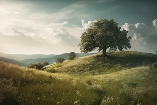 Watercolor painting of rolling hills and a solitary tree in a meadow. Generative AI