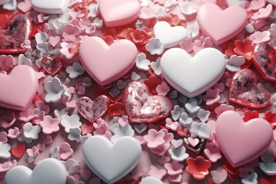 Heart-shaped background with pink, white, and metallic hearts. Valentine's Day wallpaper. 3D artwork. Generative AI
