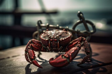 A crimson crab perches on a nautical anchor. Generative AI