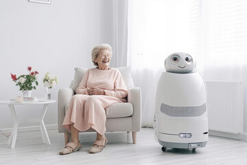 Robot caregiver takes care and looks after an elderly retired old woman at home created with Generative AI