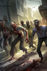 group of zombies walking down a street, apocalypse, generative ai 
