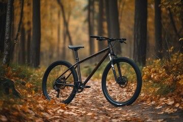 Fototapeta na wymiar A bicycle rests on a forest path. Generative AI