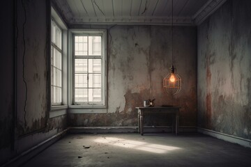 Dim room with deteriorated concrete walls and hanging lamp. CGI. Generative AI