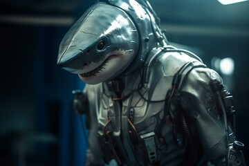 Fototapeta na wymiar Shark in robotic suit representing animal evolution with modern technology. Generative AI
