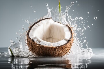 White background, half coconut filled with liquid, water droplets, leaf. Generative AI