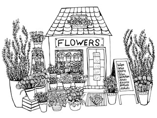 Coloring page with flower shop. Vector floral market with plants, tulips and roseshand drawn illustration